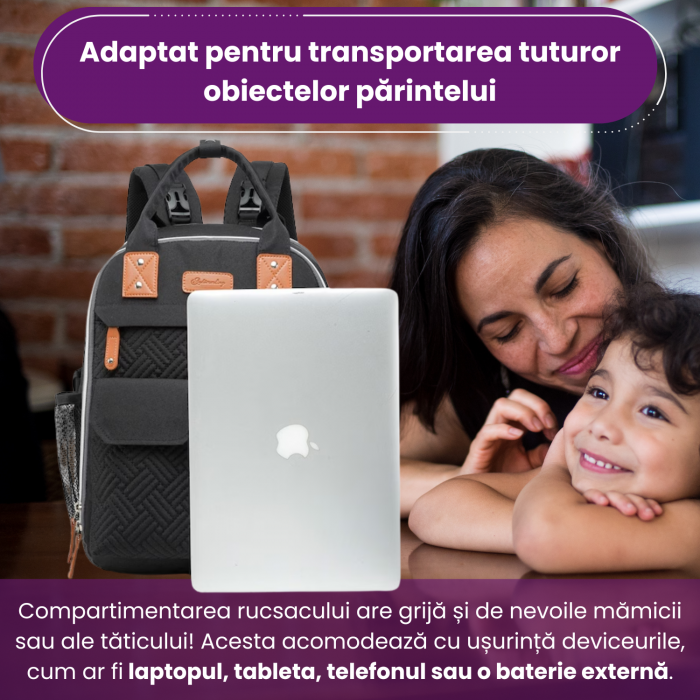 Rucsac pentru Mamici, Bebelusi si Copii, 10 Compartimente, Buzunar termoizolant biberoane, Impermeabil, Prindere Carucior / Troler, Negru [5]