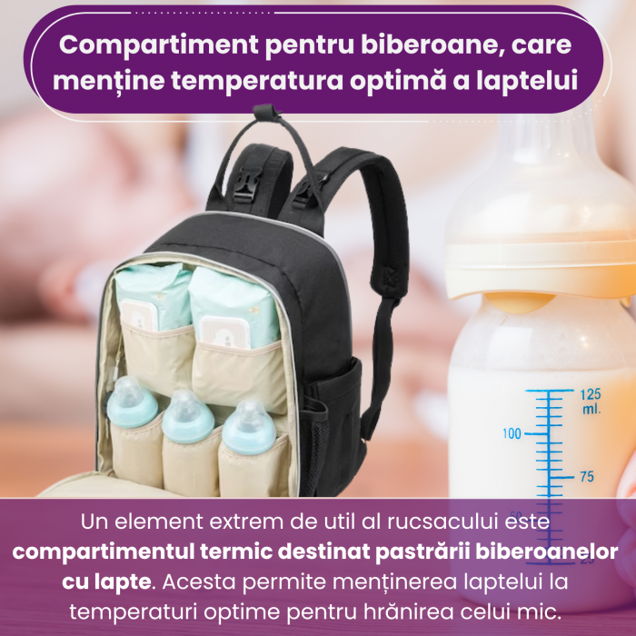Rucsac pentru Mamici, Bebelusi si Copii, 10 Compartimente, Buzunar termoizolant biberoane, Impermeabil, Prindere Carucior / Troler, Negru [3]