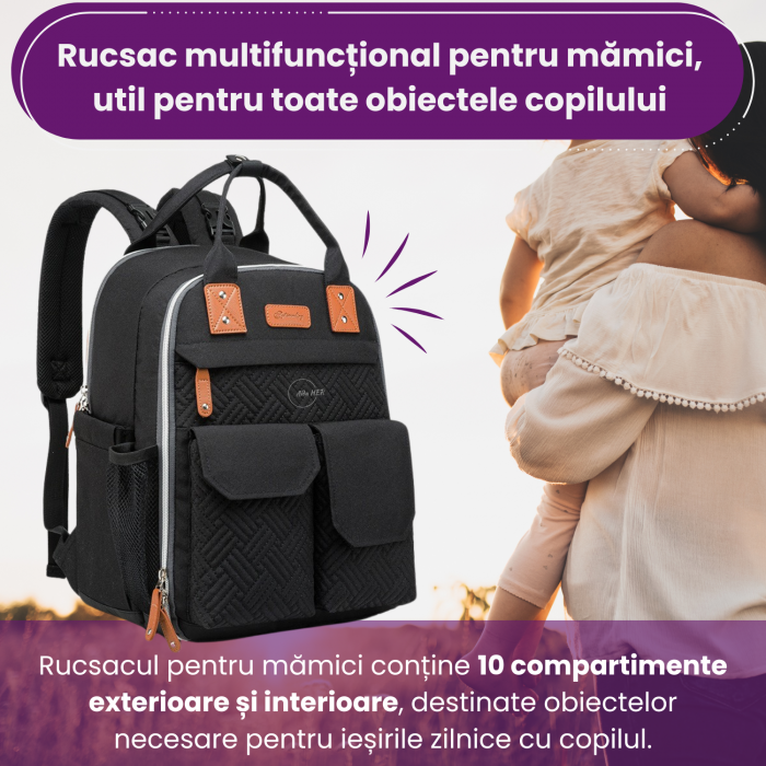 Rucsac pentru Mamici, Bebelusi si Copii, 10 Compartimente, Buzunar termoizolant biberoane, Impermeabil, Prindere Carucior / Troler, Negru [2]