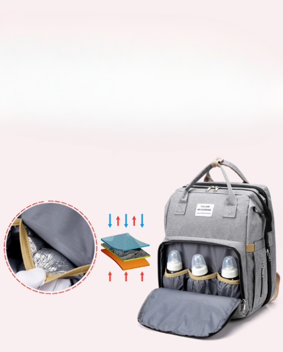 Rucsac pentru Mamici, Bebelusi si Copii, Multifunctional, Patut Extensibil, Impermeabil, Prindere Carucior, Gri [2]