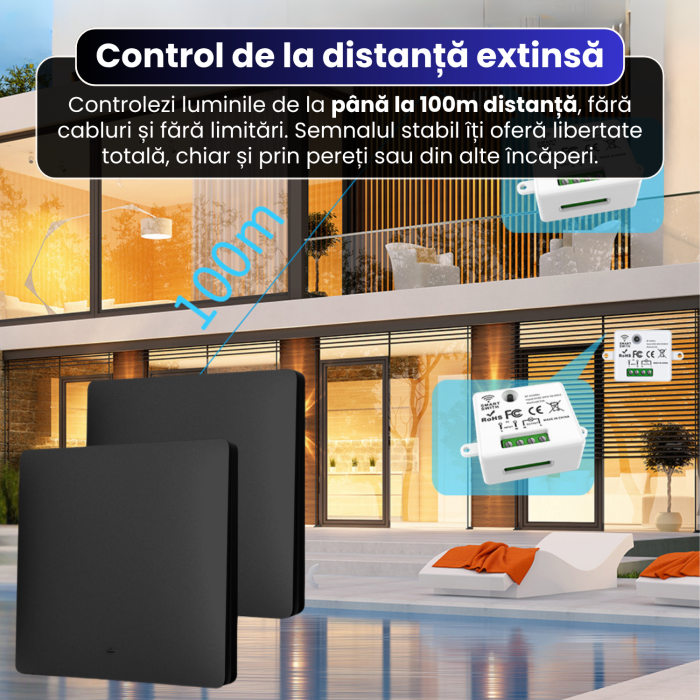 Set 2 Intrerupatoare Cinetice Fara Fir si 1 Controller Wireless (RF433), Cap-Scara, Fara Baterii, Control al Luminilor si Aparatelor, Negru [2]