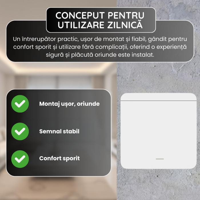 Set 2 Intrerupatoare cu Revenire Fara Fir si 1 Controller Wireless (RF433), Cap-Scara, Control al Luminilor si Aparatelor, Alb [2]
