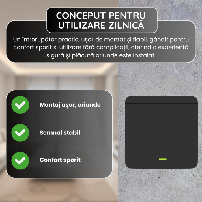 Set 2 Intrerupatoare cu Revenire Fara Fir si 1 Controller Wireless (RF433), Cap-Scara, Control al Luminilor si Aparatelor, Negru [3]