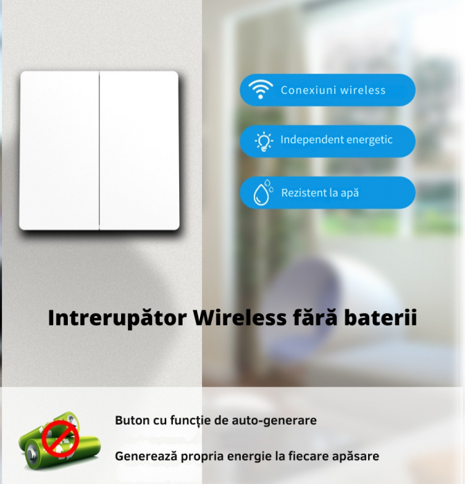 Set 2 Intrerupatoare Duble Cinetice cu Revenire Fara Fir și 2 Controllere Wireless (Unde Radio - RF433) – Control pentru Lumini și Aparate Electronice, Alb [4]