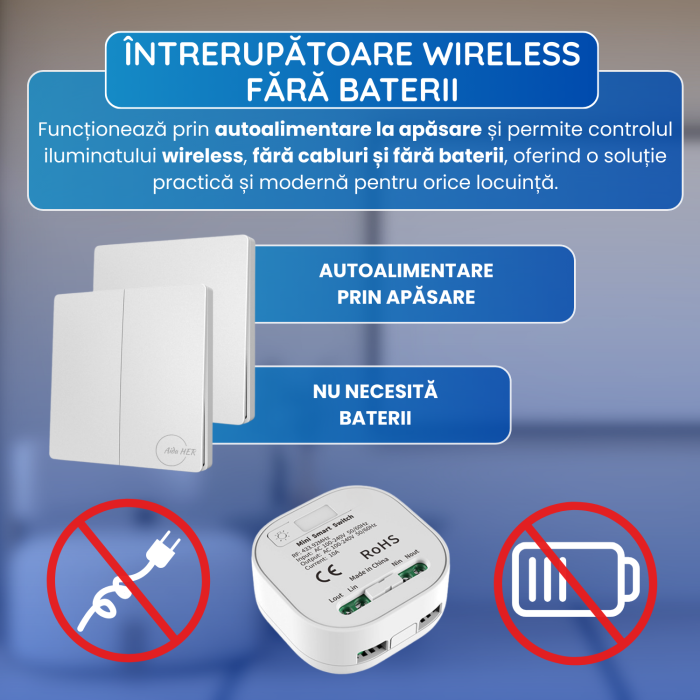 Set 2 Intrerupatoare Duble Cinetice cu Revenire Fara Fir și 2 Controllere Wireless (Unde Radio - RF433) – Control pentru Lumini și Aparate Electronice, Alb [3]