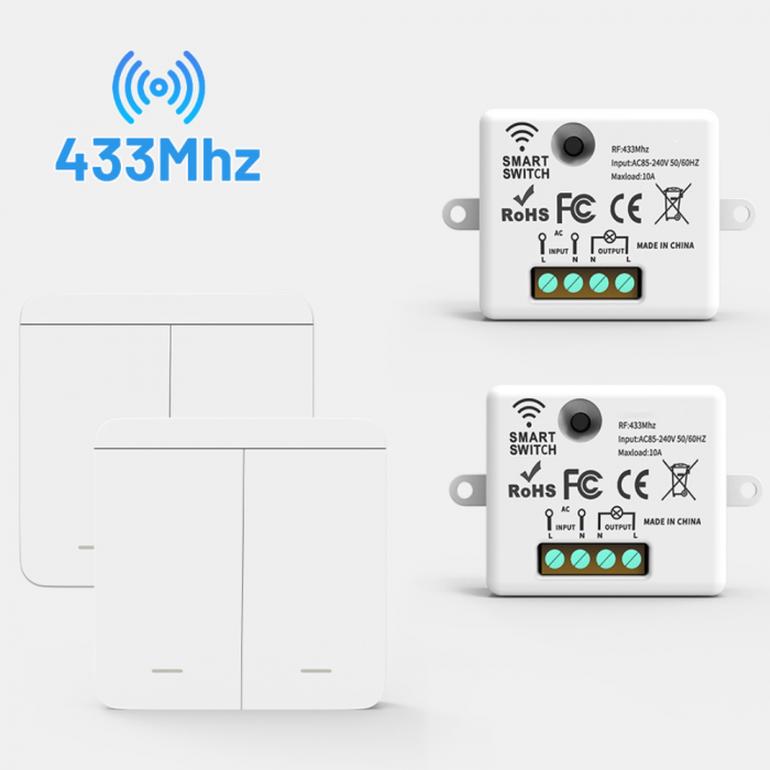 Set 2 Întrerupătoare Duble Fără Fir cu Revenire și 2 Controllere Wireless RF, Cap-Scară, Control Lumini și Aparate, Alb [1]
