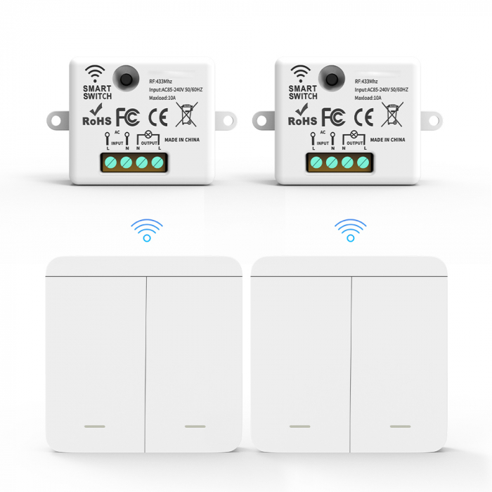Set 2 Întrerupătoare Duble Fără Fir cu Revenire și 2 Controllere Wireless RF, Cap-Scară, Control Lumini și Aparate, Alb [3]