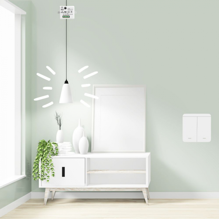 Set 2 Întrerupătoare Duble Fără Fir cu Revenire și 2 Controllere Wireless RF, Cap-Scară, Control Lumini și Aparate, Alb [2]