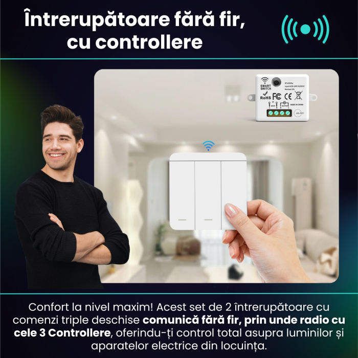 Set 2 Intrerupatoare Triple cu Revenire Fara Fir si 3 Controllere Wireless, Control al Luminilor si Aparatelor, Alb [2]