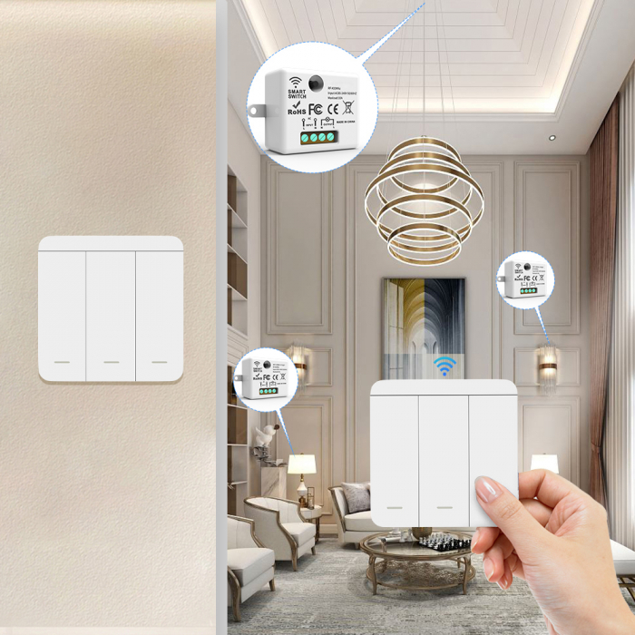 Set 2 Intrerupatoare Triple cu Revenire Fara Fir si 3 Controllere Wireless, Control al Luminilor si Aparatelor, Alb [8]