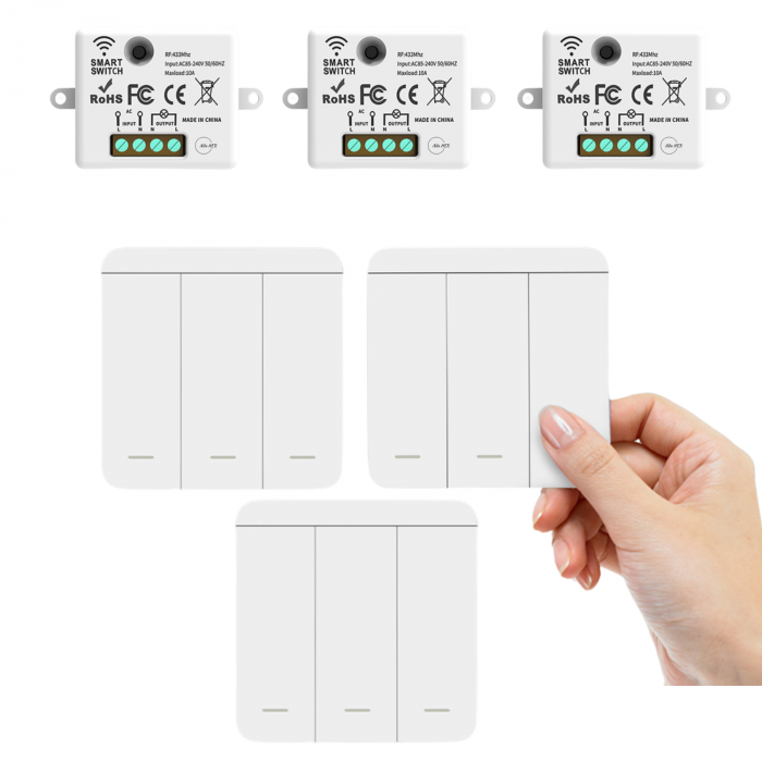 Set 3 Intrerupatoare Triple cu Revenire Fara Fir, Cap Cruce si 3 Controllere Wireless (RF433), Control al Luminilor si Aparatelor, Alb [1]