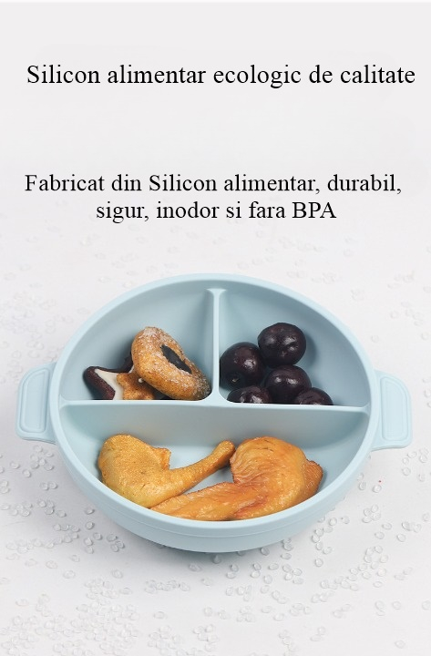Set Diversificare Bebe din Silicon, 8 Piese, Baveta, Farfurie cu Capac, Bol, 2 Lingurite, 2 Furculite si Cana, Bleu, Aida HER® [2]