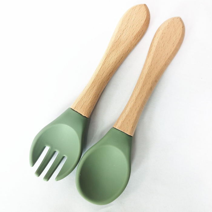 Set Diversificare Bebe din Silicon, Baveta, Farfurie, Bol, Lingurita si Furculita, Verde [2]
