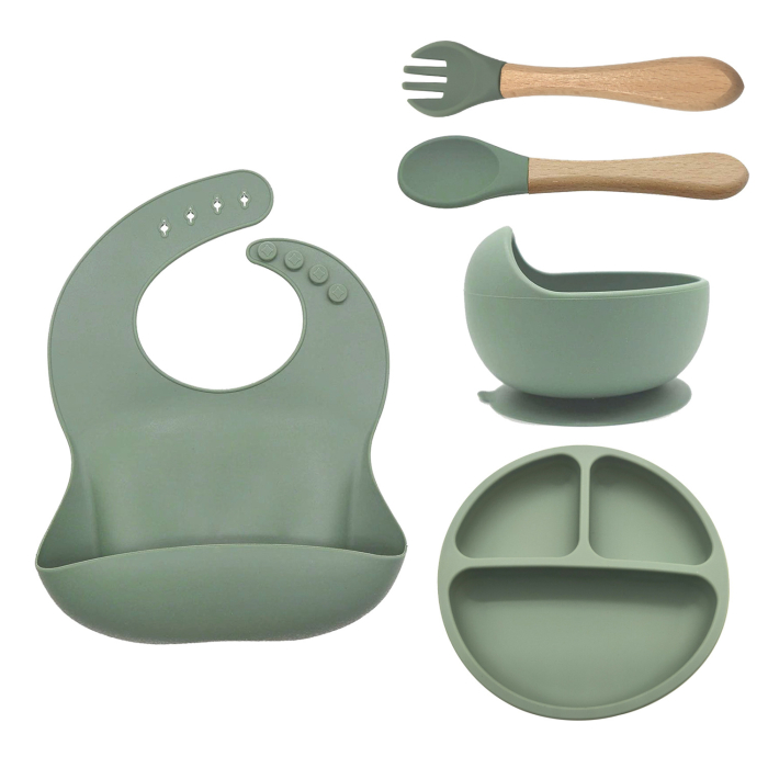 Set Diversificare Bebe din Silicon, Baveta, Farfurie, Bol, Lingurita si Furculita, Verde [1]