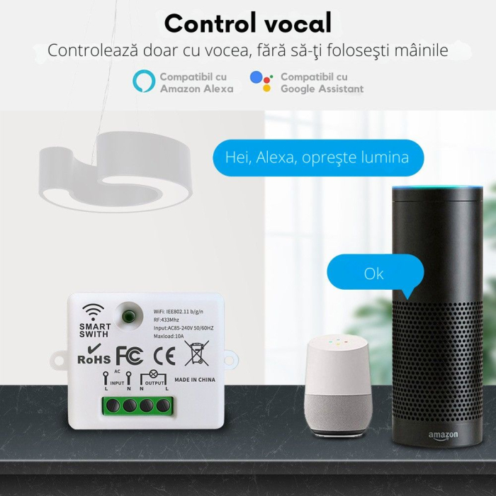 Set Întrerupător Dublu Fără Fir cu Revenire + 2 Controllere Wireless Inteligente – Control Lumini prin Aplicație si RF433, Alb [5]