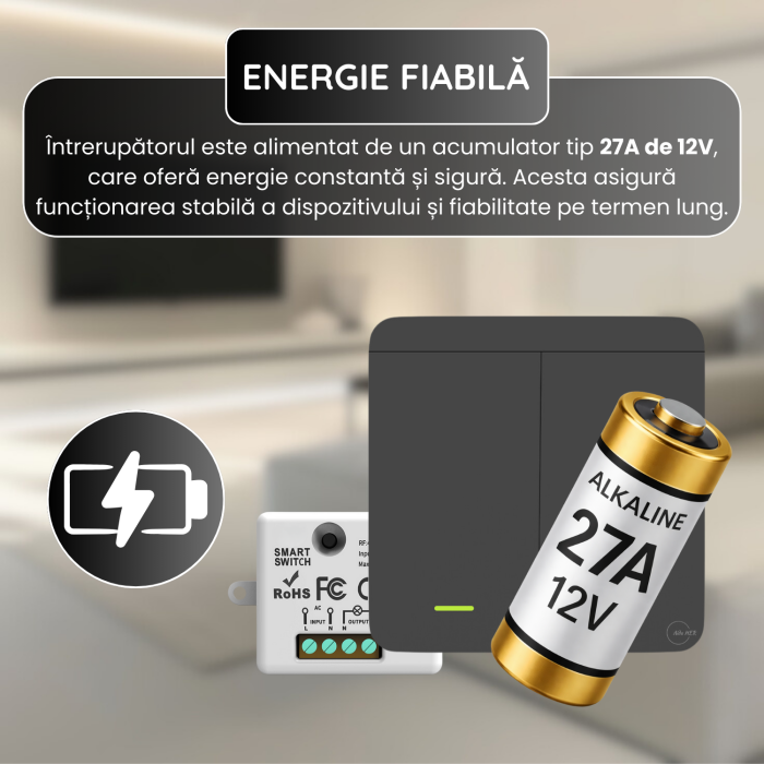 Set Intrerupator Dublu RF 433 MHz si 2 Module Releu Incluse, Control 2 Circuite Iluminat, Montaj Usor, Negru [6]