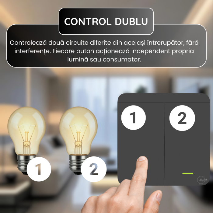 Set Intrerupator Dublu RF 433 MHz si 2 Module Releu Incluse, Control 2 Circuite Iluminat, Montaj Usor, Negru [2]