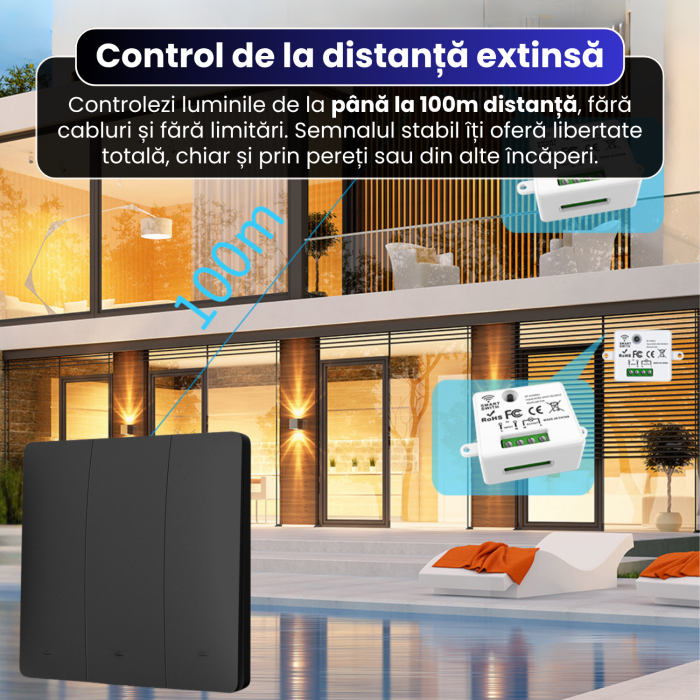 Set Intrerupator Triplu Cinetic Fara Fir si 3 Controllere Wireless (RF433), Fara Baterii, Control al Luminilor si Aparatelor, Negru [2]