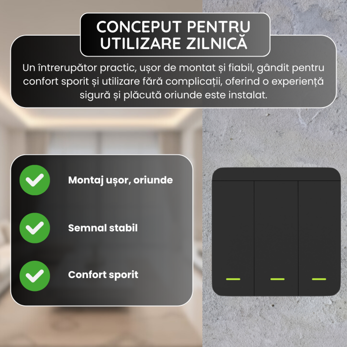 Set Intrerupator Wireless Triplu RF 433 MHz si 3 Module Releu Incluse, Control 3 Circuite Iluminat, Fara Wi-Fi, Montaj Usor, Negru [3]