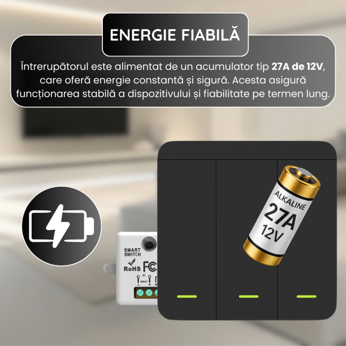 Set Intrerupator Wireless Triplu RF 433 MHz si 3 Module Releu Incluse, Control 3 Circuite Iluminat, Fara Wi-Fi, Montaj Usor, Negru [5]