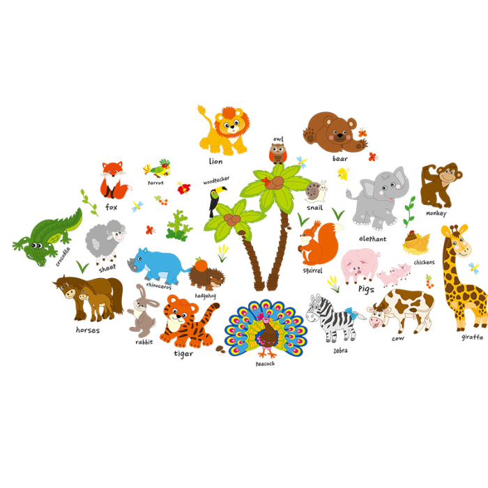 Sticker Autocolant Perete Copii, Animale Domestice si Salbatice in Limba Engleza, 70x120 cm, Aida HER® [1]
