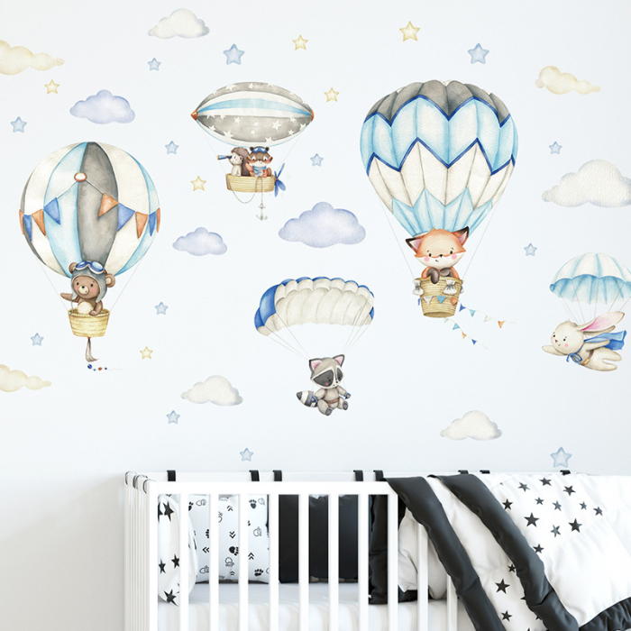 Sticker Autocolant Perete Copii, Animale in Balon cu Aer Cald si Parasute, 54x93 cm, Aida HER® [3]