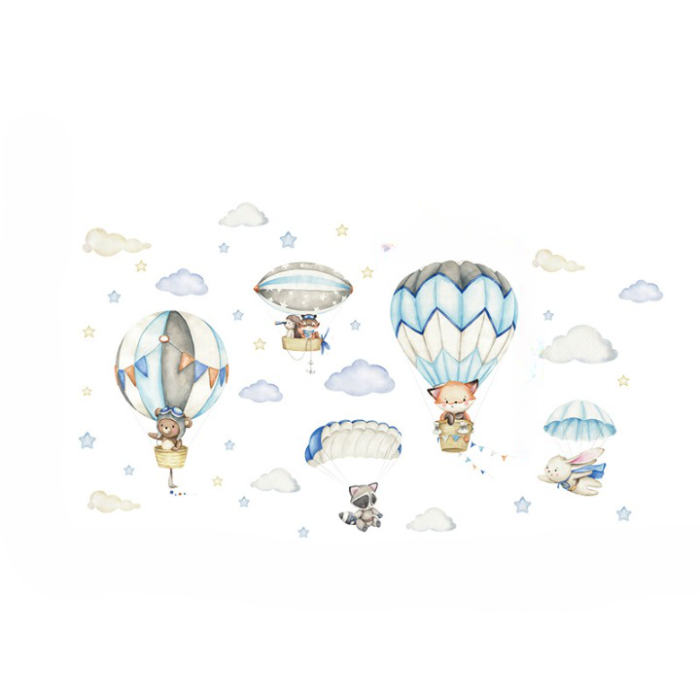 Sticker Autocolant Perete Copii, Animale in Balon cu Aer Cald si Parasute, 54x93 cm, Aida HER® [1]