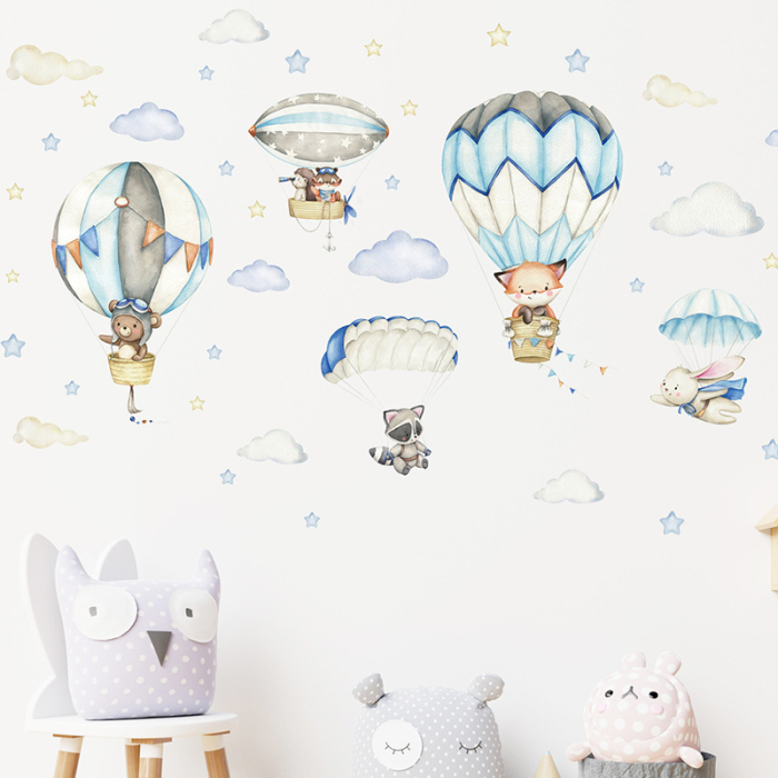 Sticker Autocolant Perete Copii, Animale in Balon cu Aer Cald si Parasute, 54x93 cm, Aida HER® [4]