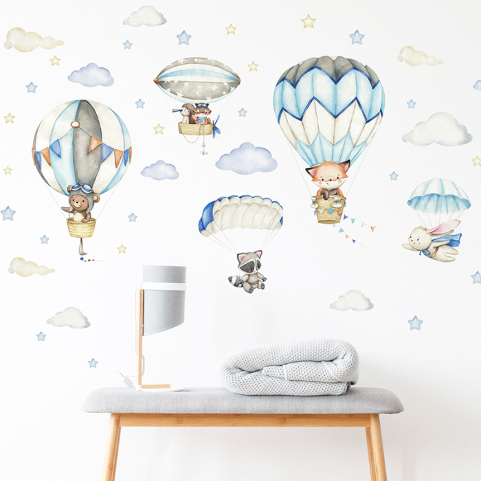 Sticker Autocolant Perete Copii, Animale in Balon cu Aer Cald si Parasute, 54x93 cm, Aida HER® [2]