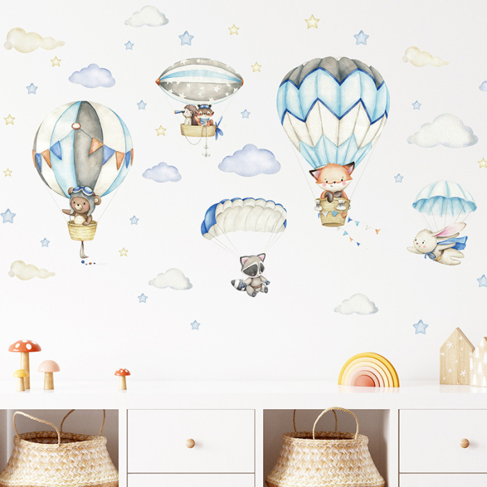 Sticker Autocolant Perete Copii, Animale in Balon cu Aer Cald si Parasute, 54x93 cm, Aida HER® [5]
