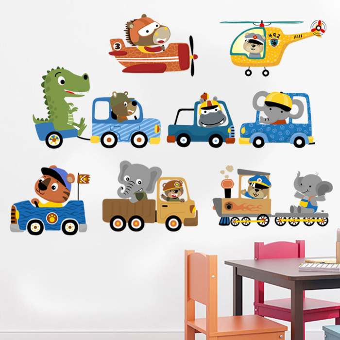 Sticker Autocolant Perete Copii, Animale in Masinute, Tren, Avion si Elicopter,  90x90 cm, Aida HER® [4]