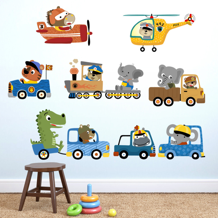Sticker Autocolant Perete Copii, Animale in Masinute, Tren, Avion si Elicopter,  90x90 cm, Aida HER® [2]