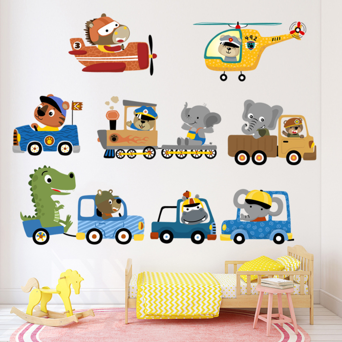 Sticker Autocolant Perete Copii, Animale in Masinute, Tren, Avion si Elicopter,  90x90 cm, Aida HER® [3]