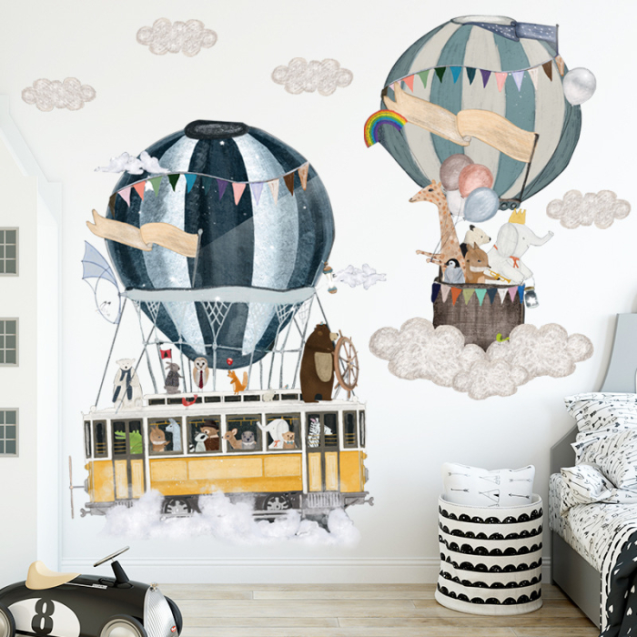 Sticker Autocolant Perete Copii, Animale in Trenulet si  Balon cu Aer Cald, 60x90 cm [4]