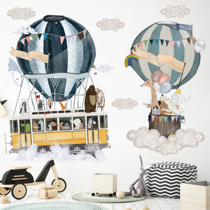 Sticker Autocolant Perete Copii, Animale in Trenulet si  Balon cu Aer Cald, 60x90 cm [2]