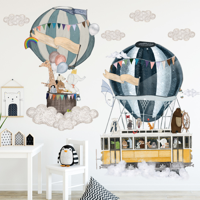Sticker Autocolant Perete Copii, Animale in Trenulet si  Balon cu Aer Cald, 60x90 cm [3]