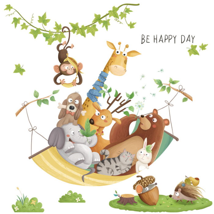 Sticker Autocolant Perete Copii, Animale Jucause si Haioase in Hamac, 80x90 cm [1]