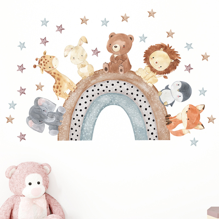 Sticker Autocolant Perete Copii, Animale pe Curcubeu, Elefant, Girafa, Iepure, Urs, Leu, Pinguin, Vulpe, 57x88 cm, Aida HER® [3]