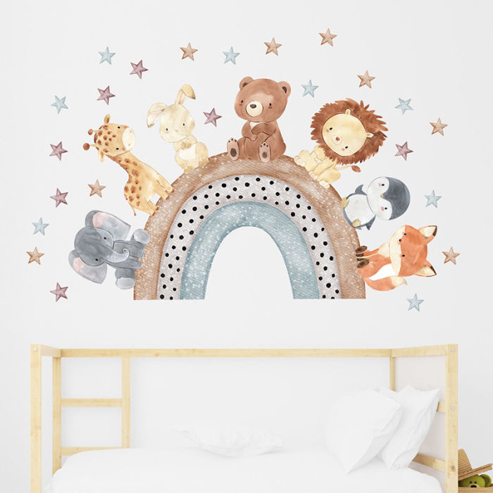 Sticker Autocolant Perete Copii, Animale pe Curcubeu, Elefant, Girafa, Iepure, Urs, Leu, Pinguin, Vulpe, 57x88 cm, Aida HER® [4]