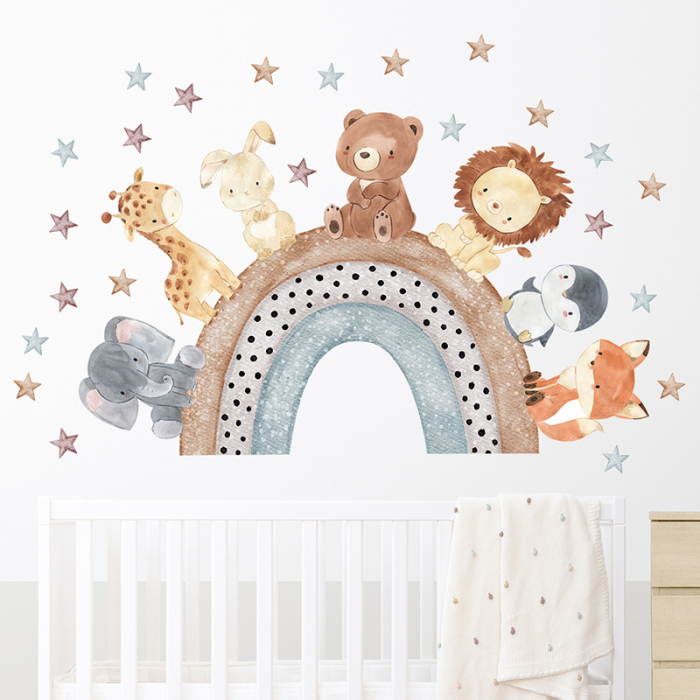 Sticker Autocolant Perete Copii, Animale pe Curcubeu, Elefant, Girafa, Iepure, Urs, Leu, Pinguin, Vulpe, 57x88 cm, Aida HER® [2]