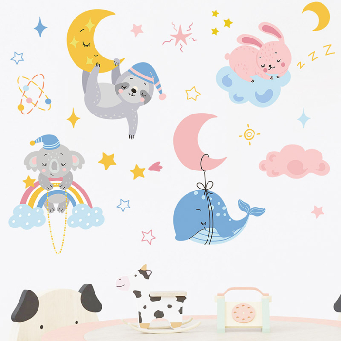 Sticker Autocolant Perete Copii, Animale Somnoroase, Luna si Stele, 58x76 cm, Aida HER® [5]