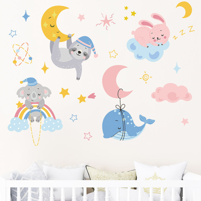 Sticker Autocolant Perete Copii, Animale Somnoroase, Luna si Stele, 58x76 cm, Aida HER® [4]