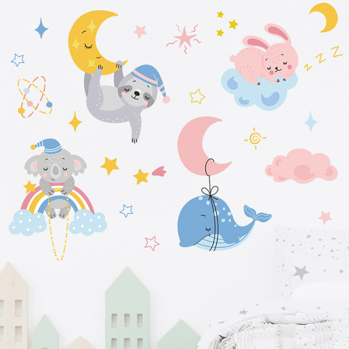 Sticker Autocolant Perete Copii, Animale Somnoroase, Luna si Stele, 58x76 cm, Aida HER® [2]