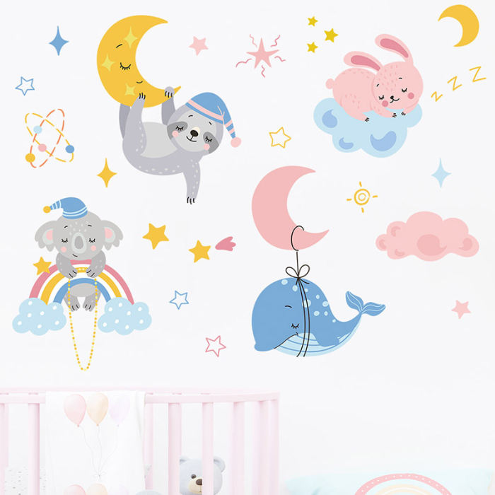 Sticker Autocolant Perete Copii, Animale Somnoroase, Luna si Stele, 58x76 cm, Aida HER® [3]