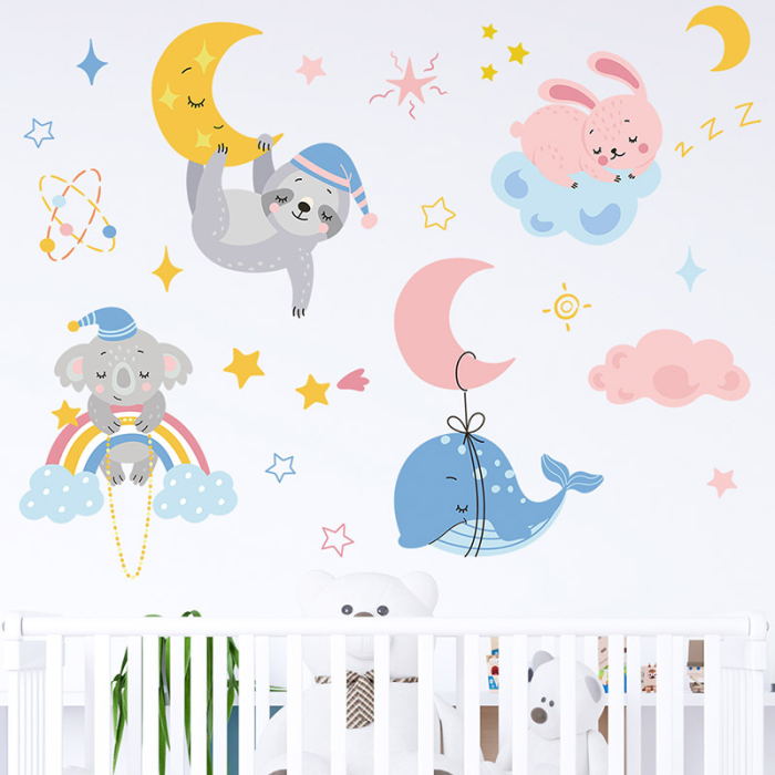 Sticker Autocolant Perete Copii, Animale Somnoroase, Luna si Stele, 58x76 cm, Aida HER® [6]