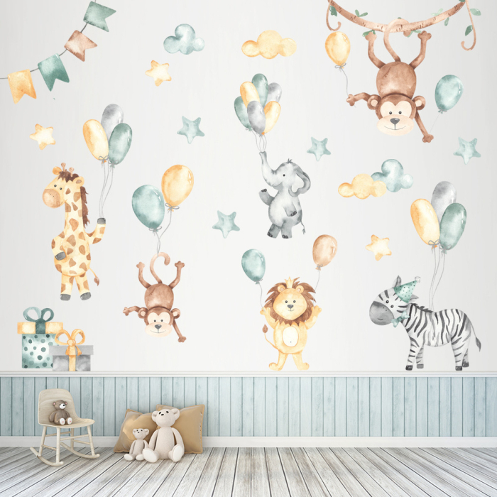 Sticker Autocolant Perete Copii, Animale Zambitoare cu Baloane, Nori si Stele, 60x90 cm [5]