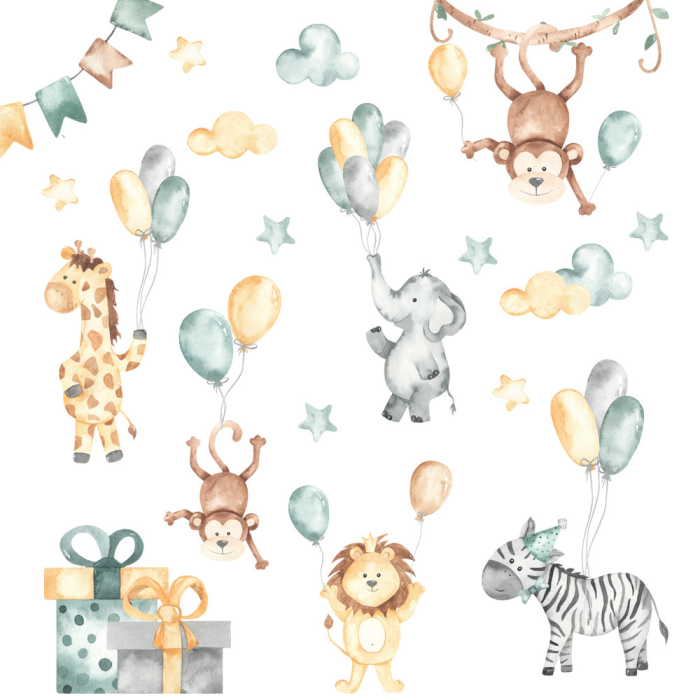 Sticker Autocolant Perete Copii, Animale Zambitoare cu Baloane, Nori si Stele, 60x90 cm [1]
