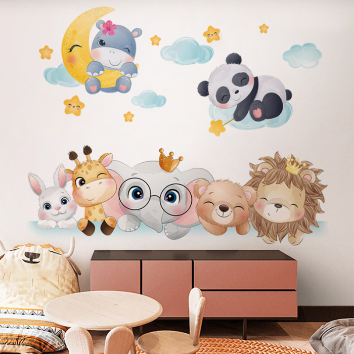 Sticker Autocolant Perete Copii, Animale Zambitoare, Nori, Luna si Stele, 65x80 cm [4]