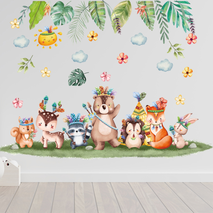 Sticker Autocolant Perete Copii, Animalele Incoronate, Flori, Frunze, 88x65 cm, Aida HER® [4]