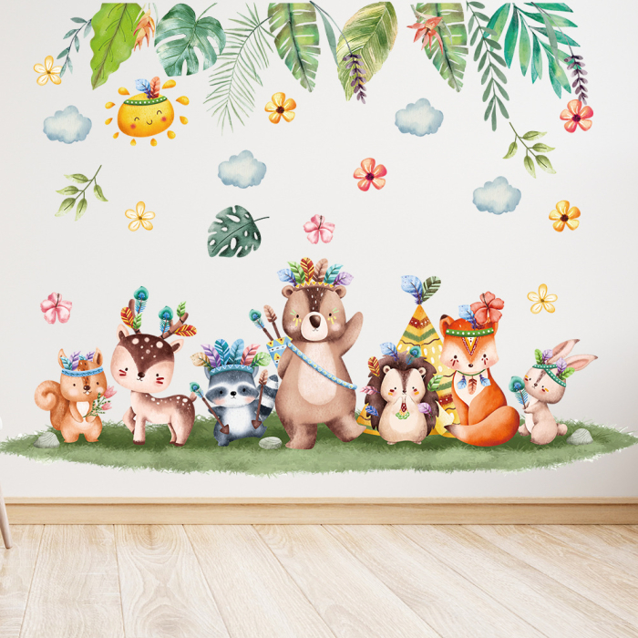 Sticker Autocolant Perete Copii, Animalele Incoronate, Flori, Frunze, 88x65 cm, Aida HER® [3]